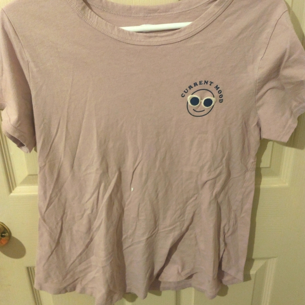 light purple emoji shirt that says "current mood"
